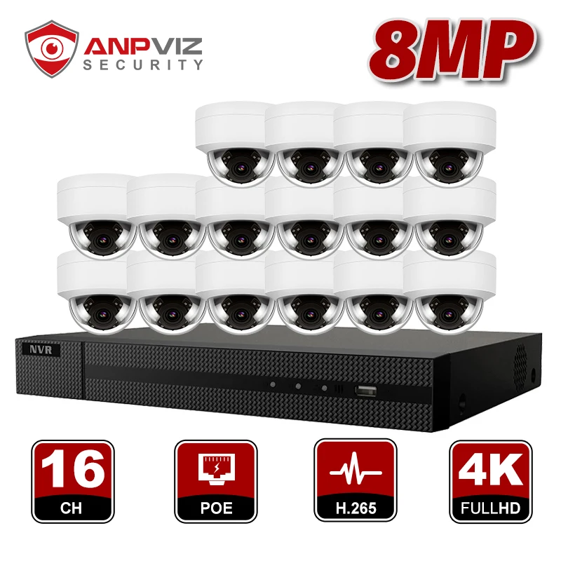 Наружная купольная IP камера 16 каналов 8 Мп комплект системы видеонаблюдения H.265 POE