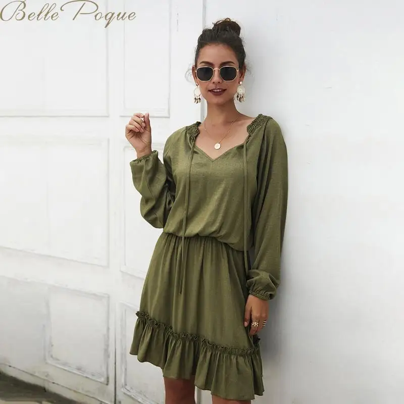 Belle Poque женские свободные платья с длинным рукавом v образный вырез одноцветные