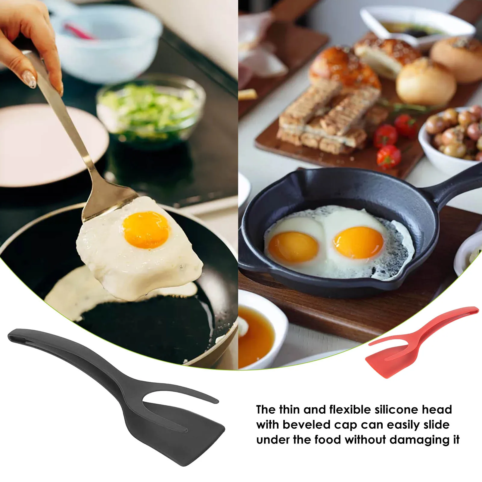 

2 In 1 Fried Egg Spatula Non-stick Egg Turner Pancake Flip Tool Food Clip Pizza Barbecue Clamp Grip Bread Flip Tongs For Kitchen