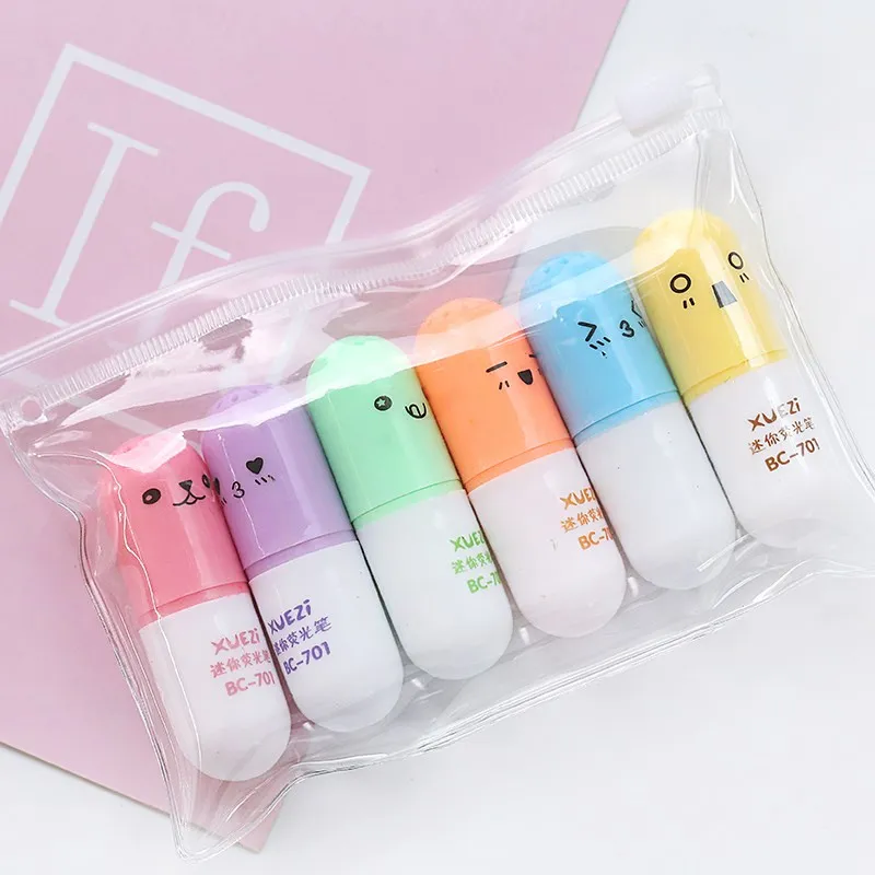 6pcs Cute Mini Smiling Face Pill Highlighter Lovely Cartoon Painting Pen Marking Pens Kawaii Stationery School Office Supplies|Маркеры| |