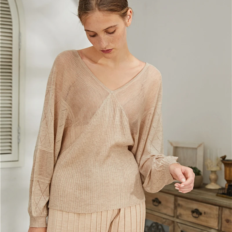 

V-Neck long sleeve sexy hollow out loose Lantern Sleeve knit shirt fashion sweater fall / winter 2020 women clothes