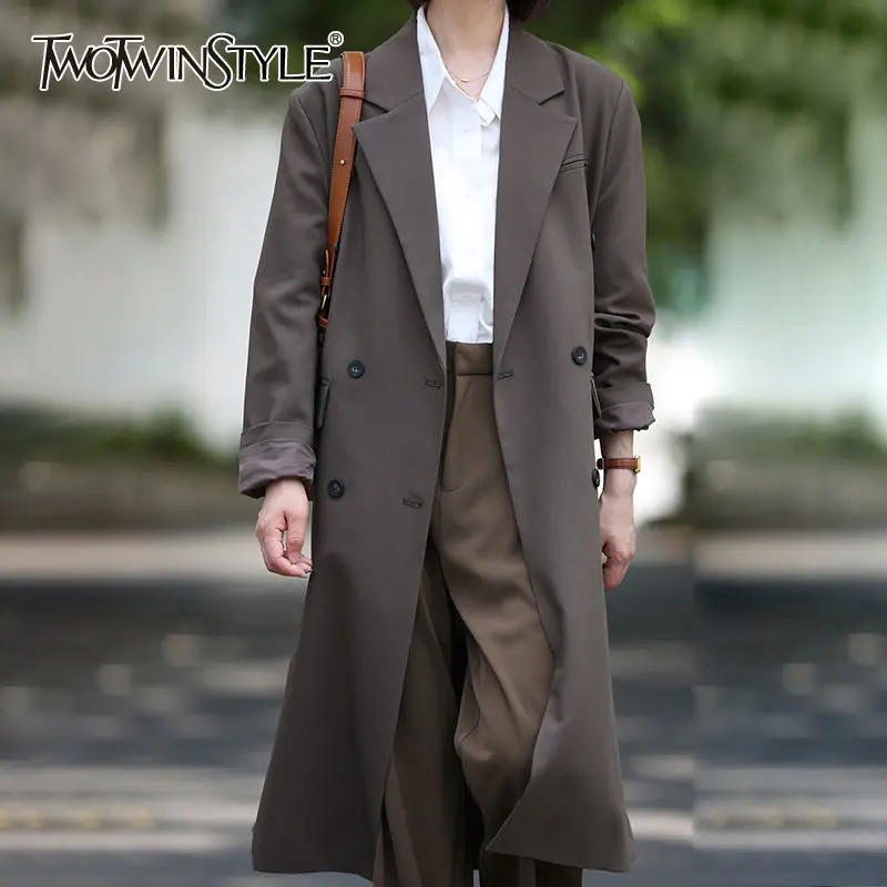 

TWOTWINSTYLE Casual Blazer Coats For Female Lapel Collar Long Sleeve High Waist Loose Solid Color Women's Long Coat New 2021