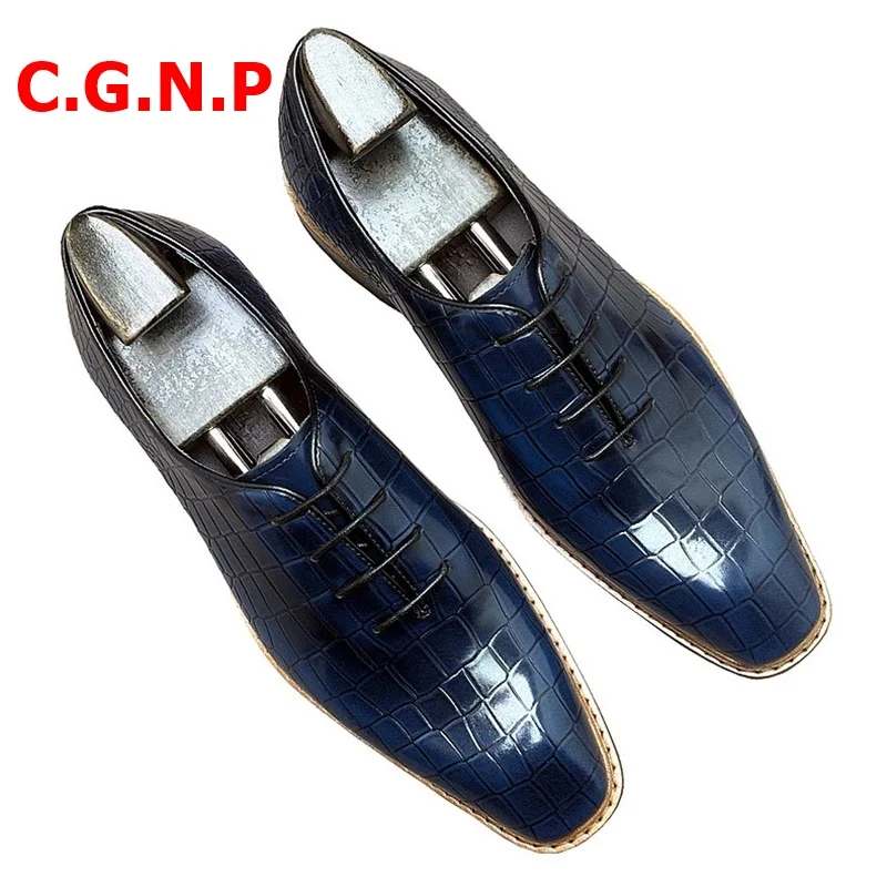 C.G.N.P Men Dress Shoes Crocodile Pattern Genuine Leather Oxford Formal Shoes Men Party Wedding Shoes