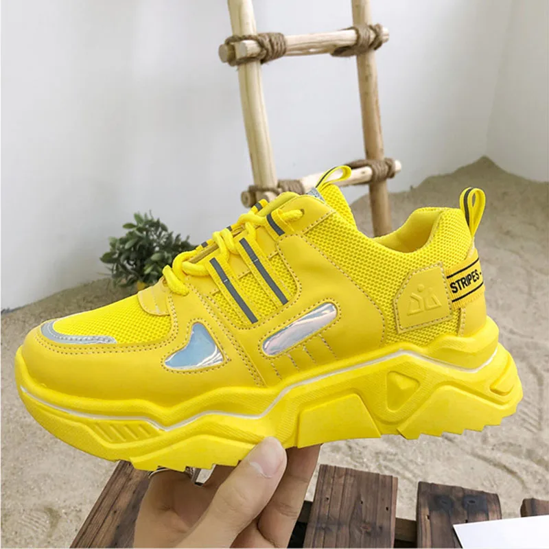 

Women Chunky Sneakers White Pink Yellow Shoes Woman 2020 Spring Female Lace-Up Mesh Womens Fashion Platform Sneaker Casual Shoe
