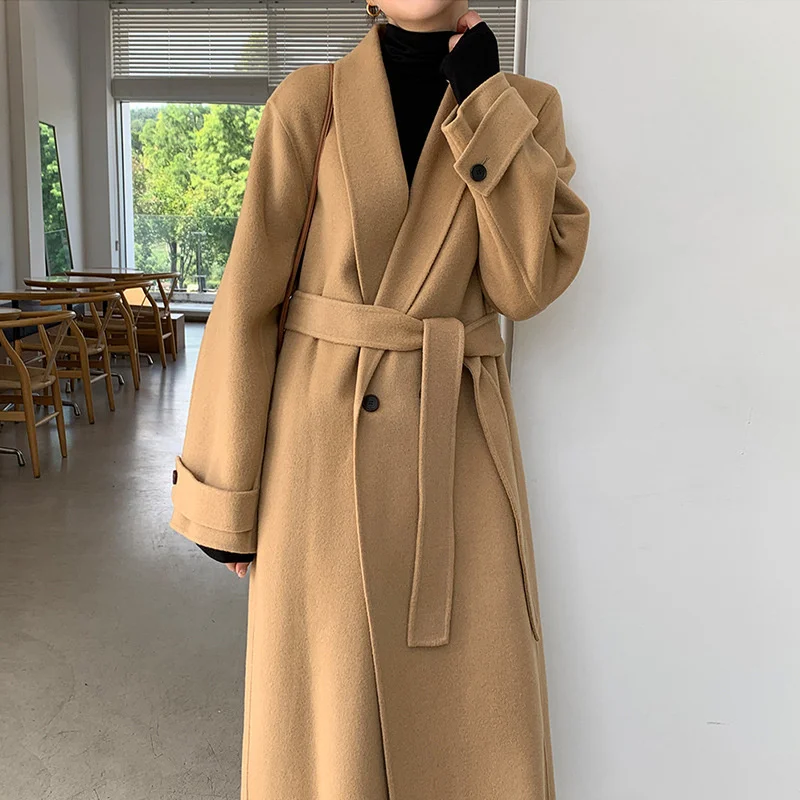 

Korean Chic Autumn Winter French Elegant Suit Collar Double Breasted Bandage Waist Over Knee Long Tweed Coat