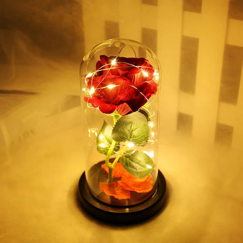 

Enchanted Red Silk Rose with Fallen Petals in Gl e on a Wooden Base Best Gift for Home/Office or Home Decorations