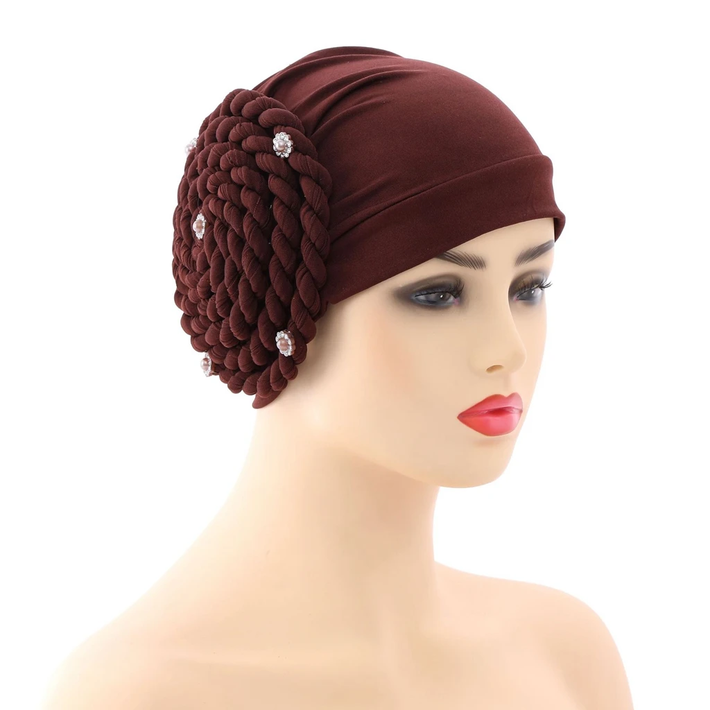 

HanXi Women Rhinestone Turban Bonnet Side Flower Arab Headscarf New Arrival Muslim Hijab Hat for Lady Girls