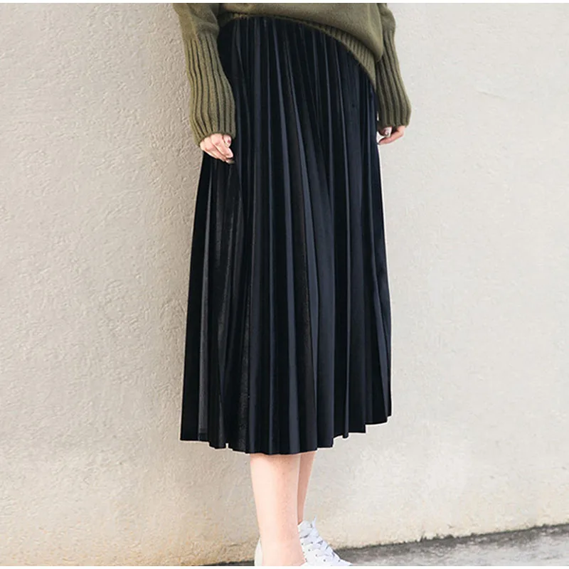 Женская длинная Плиссированная юбка повседневная бархатная средней длины с
