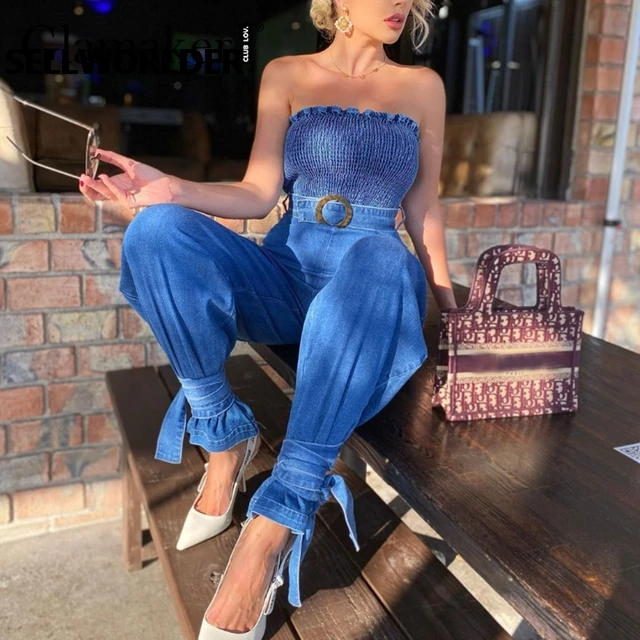 

Женские повседневные офисные Комбинезоны на шнуровке с оборками, новинка 2021, хлопковые Синие Длинные Комбинезоны с открытыми плечами и поя...