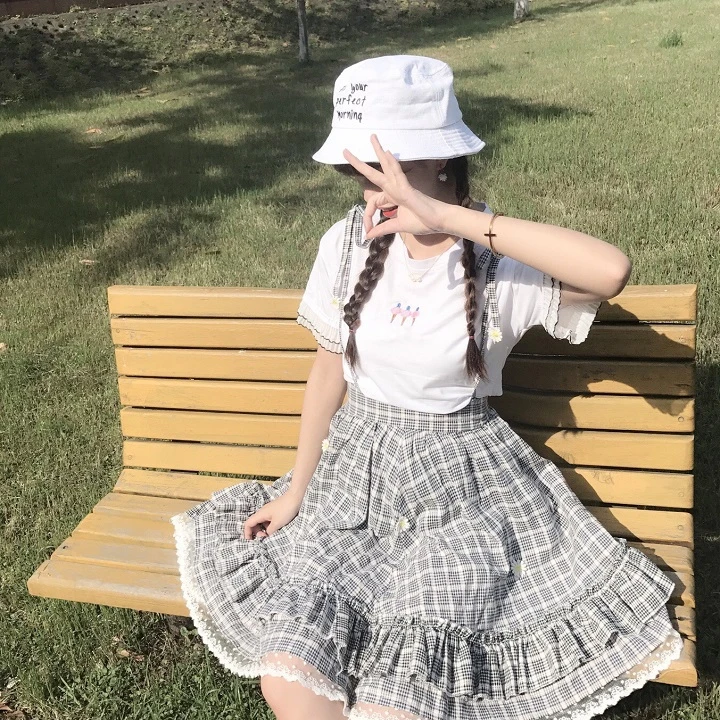 Kawaii Лолита юбка японский стиль 90 подростков мягкая Сестра Дейзи аппликации кружева лоскутное рюшами Сарафан в клетку юбки