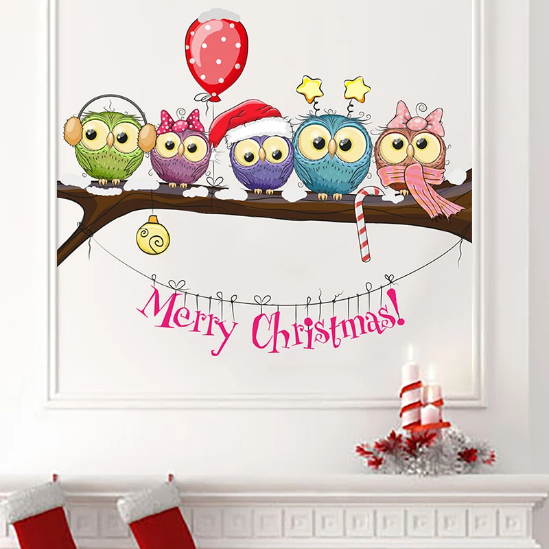 2021 New Year Window Stickers for Merry Christmas Decoration Christmas-dressed Owl On A Tree Branch Wall | Дом и сад