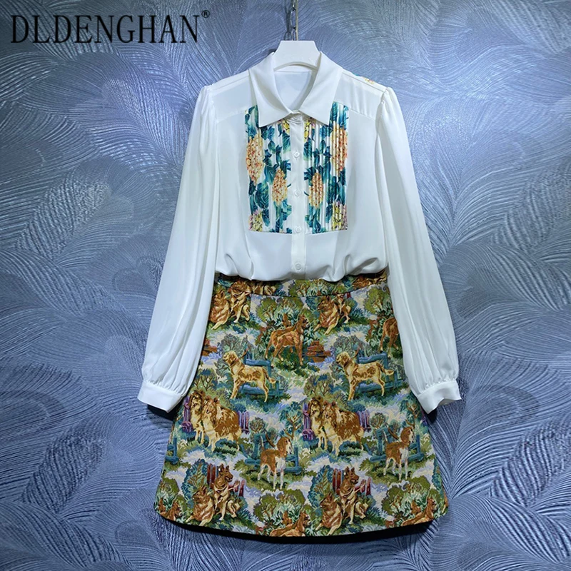 

Женский костюм DLDENGHAN, Топ с длинным рукавом, отложным воротником и юбка с принтом, модельный костюм, осень