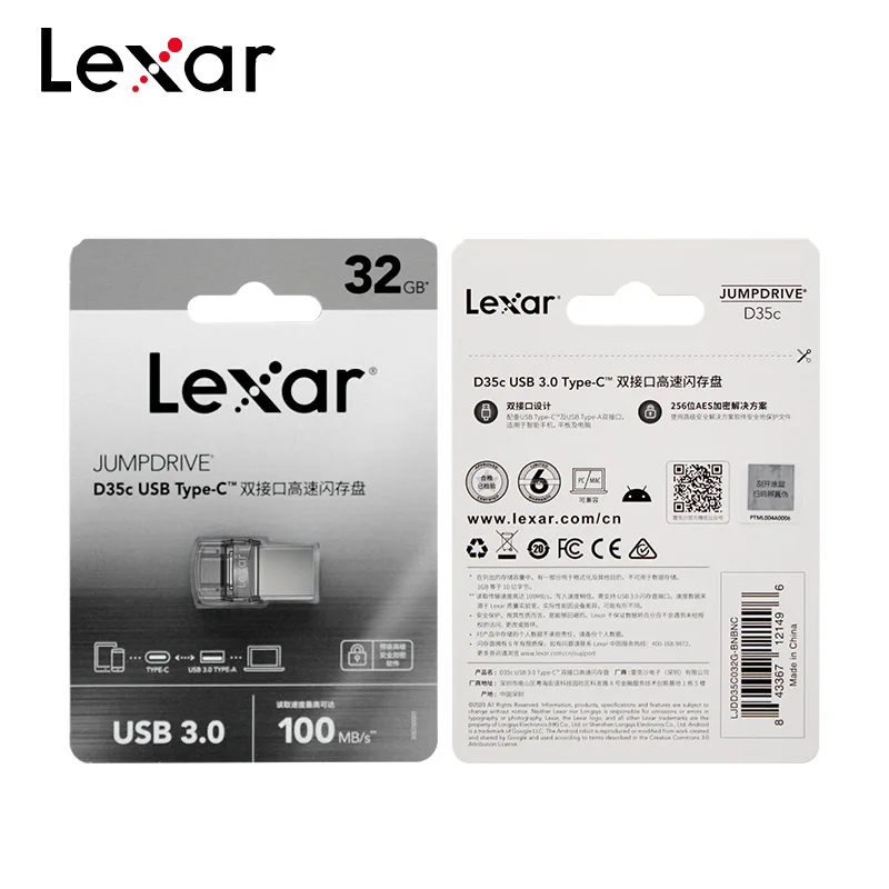 

Original Lexar D35c Memory Stick USB 3.0 Type-C USB Flash Drive 64GB Read Up To 100mb/s dual port Mini U Disk 32GB Pendrive