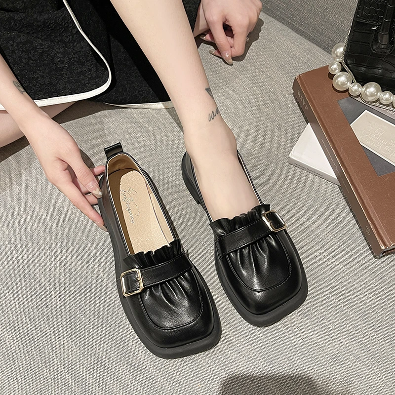 

Autumn Women Pumps Shoes Leather Buckle Strap Oxford Slip On Block Sewing Square Toe Loafers Female Black Beige Zapatos Mujer