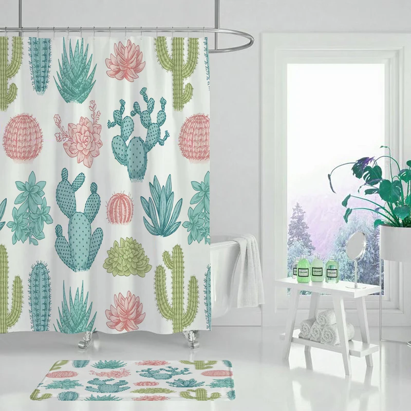 Занавеска для ванной из полиэстера с изображением кактуса и крючков защитой от