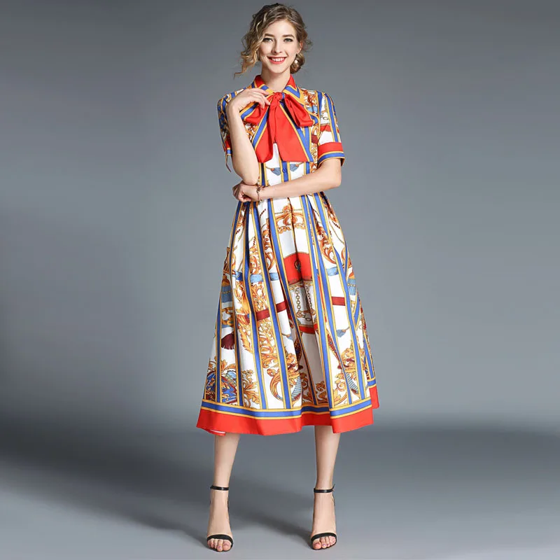 

2021 Newest Runway Designer Summer Dress Women's Short Sleeve Shirt Collar Stripe Printed Bow Midi Dress