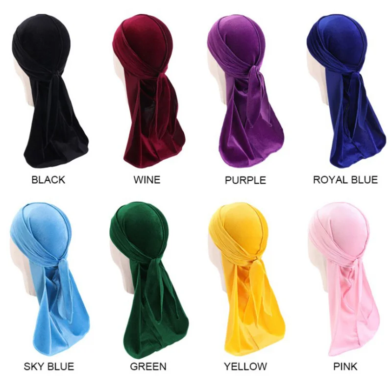 

8 colors Velvet Long Tail And Wide Straps Bonnet Cap Comfortable Sleeping Hat Night Cap Men's Unisex Cap