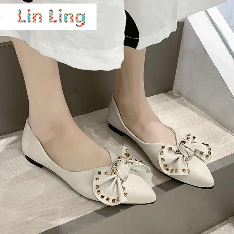 

Spring Women Women Flats Rivets Butterfly Knot Slip on Flats Shoes Black Ponited Toe Boat Shoes Woman Loafer zapatos mujer 7984N