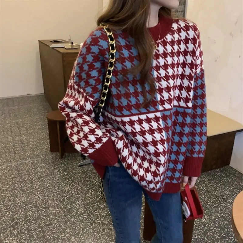 

Houndstooth Sweater Women 2021 Oversized Knitted Sweaters Korean Fashion Retro Outerwear Lazy Pullover Long Sleeve Top Casual