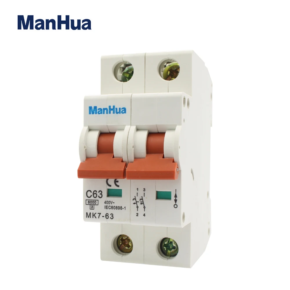 Manhua MCB MK7-63 C63 2P 63A 400VAC breaking capacity Overload Protection Short circuit protection Miniature Circuit Breaker |