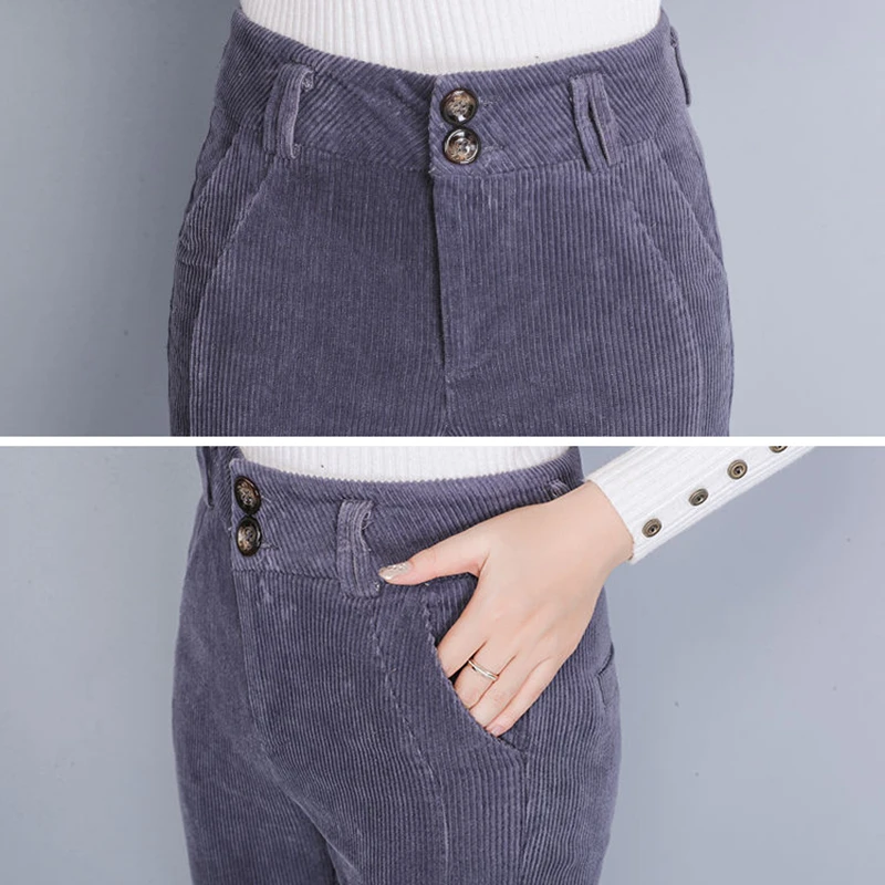 

Vintage Corduroy Flare Pants Women Spring Autumn Streetwear Casual Slim High Waist Button Long Pant Korean Slit Straight Trouser