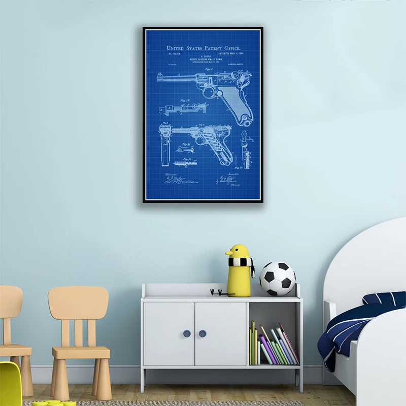 

Gun Blueprint Luger Pistol Patent Chart Canvas Painting Wall Art Posters and Prints Wall Art Pictures for Living Room Decoration