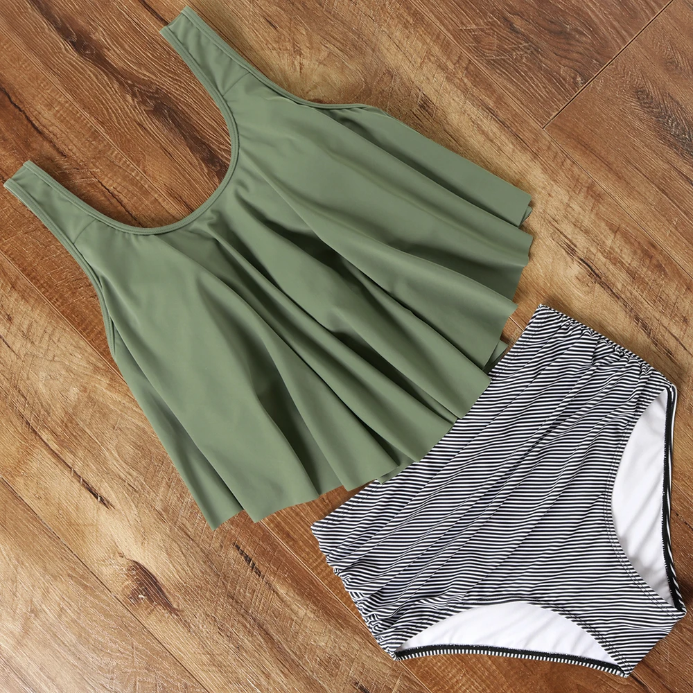 Женский бикини с высокой талией винтажный однотонный купальник-танкини оборками