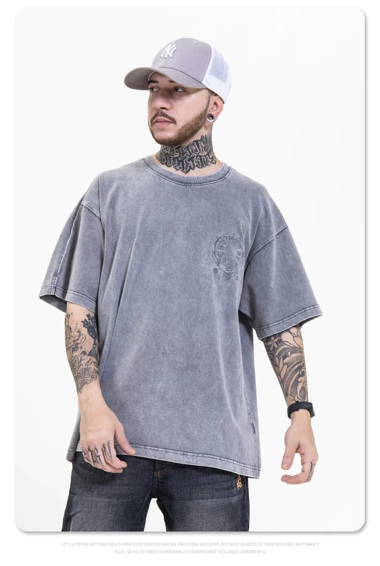 

High Street Hip Hop Askyurself Oversized T Shirt Heavy Fabric Washing Letter Embroidery Retro T-shirts for Men and Women Clothes