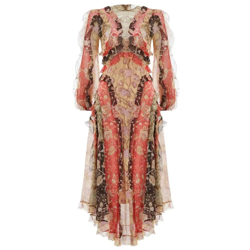 

Beach Style Elegant Women Maxi Dress Floral Print Ruffles Female Long Dress Women Holiday Party Dress V-neck Patchwork Dresses