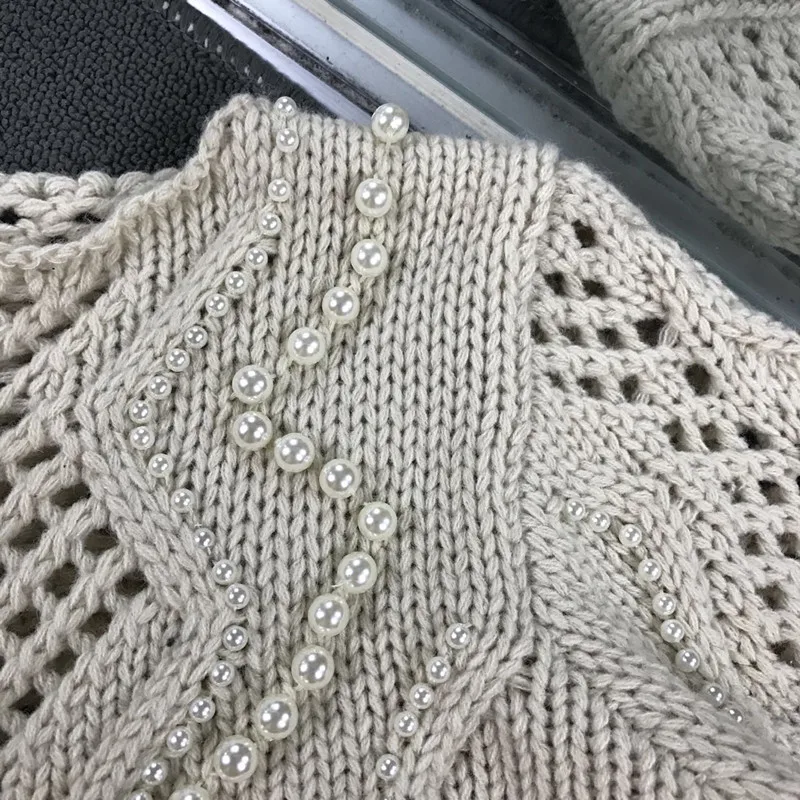 

2020 O-neck Rushed Solid Regular Wool Pull Women Sweater High-end Custom Spring New Pure Hand Beaded Crochet Hollow Alpaca Hair