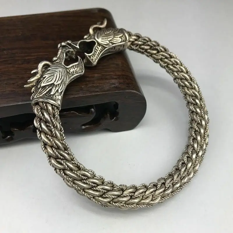 

Старый китайский Замечательный серебро ручной работы Miao серебряный дракон браслет
