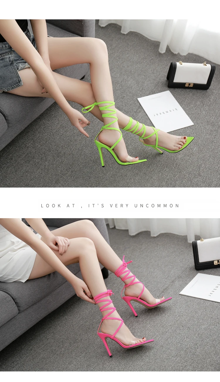 Женские флуоресцентные сандалии на высоком каблуке заостренный носок ремешок