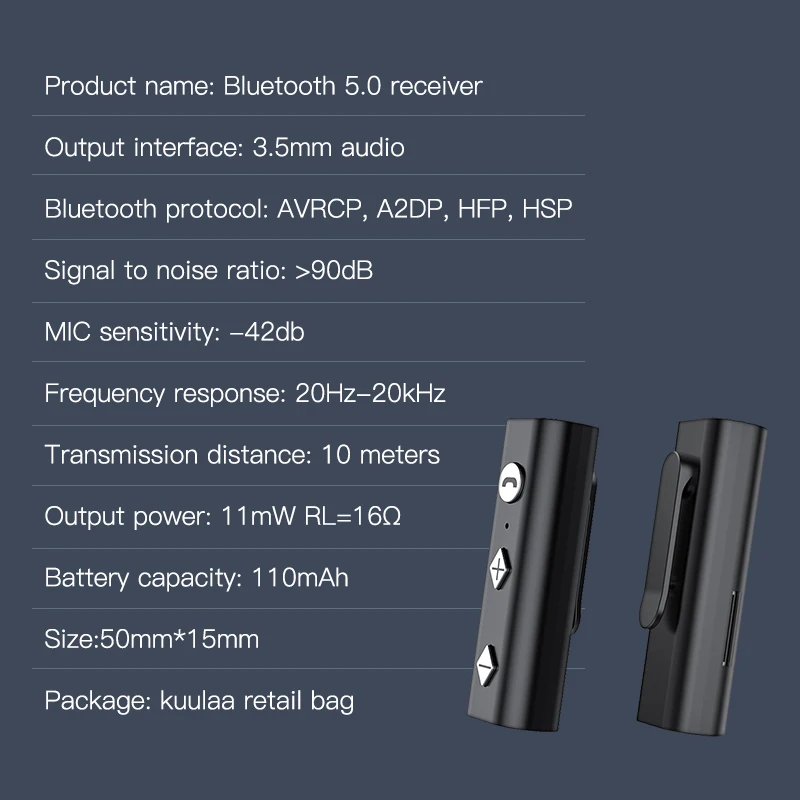 

KUULAA Bluetooth 5.0 Receiver 3.5mm AUX Jack Audio Wireless Adapter Bluetooth Aux Audio Music Transmitter For Car PC Headphones