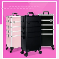 professional makeup suitcase wheels large capacity cosmetology manicure cosmetic box folding rolling storage rotating organizer
