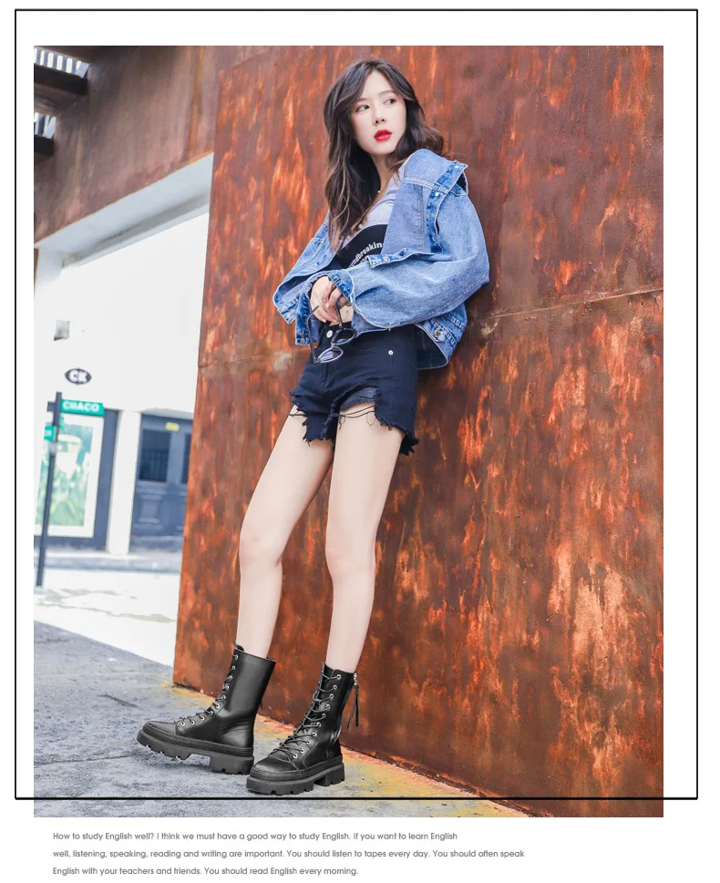 Winter Genuine Leather Chunky Motorcycle Boots Women Autumn Fashion Round Toe Lace-up Combat Military Boots Ladies Shoes