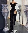 Длинные Сексуальные вечерние платья 2022 Асимметричные с открытыми плечами с высоким разрезом черные блестки Дубай женские Формальные платья