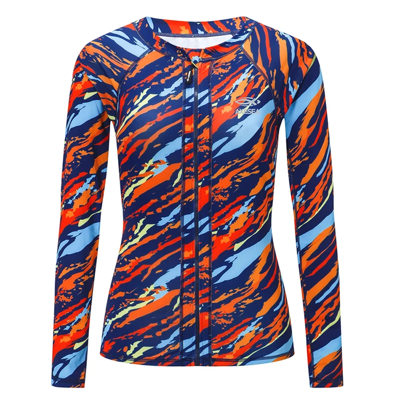 Orange AXESEA, женский купальник, Рашгард, длинный рукав, рубашка для серфинга, топ, защита от солнца, принт, передняя молния, купальник, UPF50+ UV, Спортивная пляжная одежда - Цвет: Orange