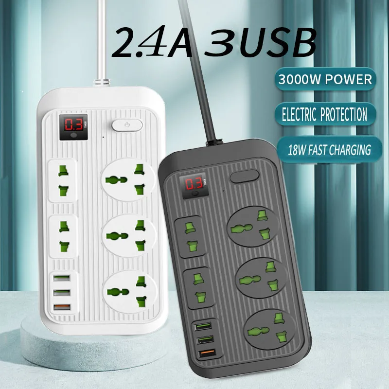 

Удлинитель с 5 розетками переменного тока, 3000 Вт, 3 USB-порта