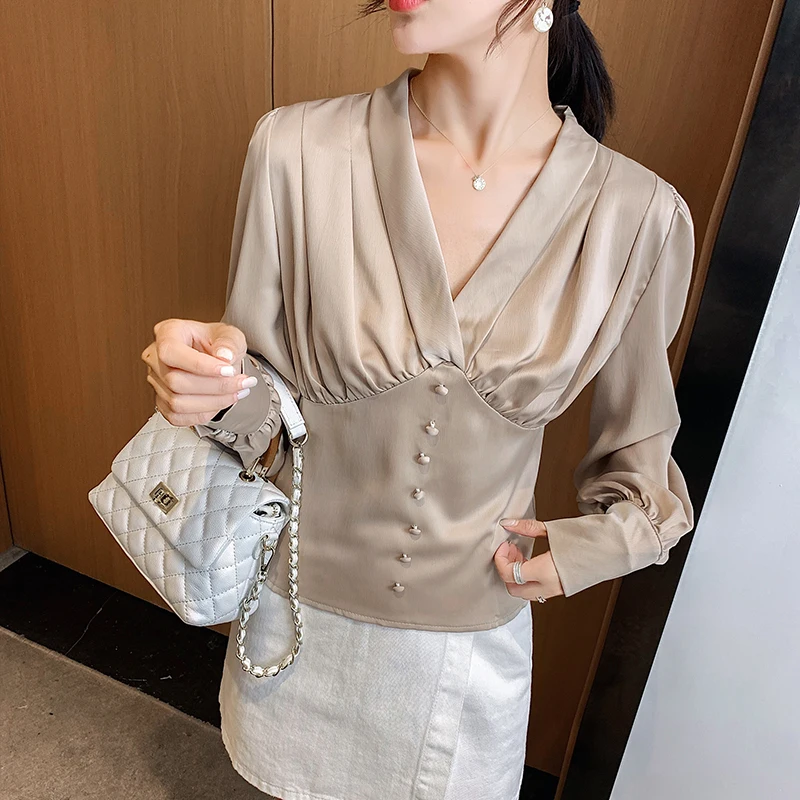 KINOMI 2019 New Autumn Long Sleeve Elegant Short Blouse Female V-Neck OL Style Women Fashion Blouses Shirts Office Lady White |