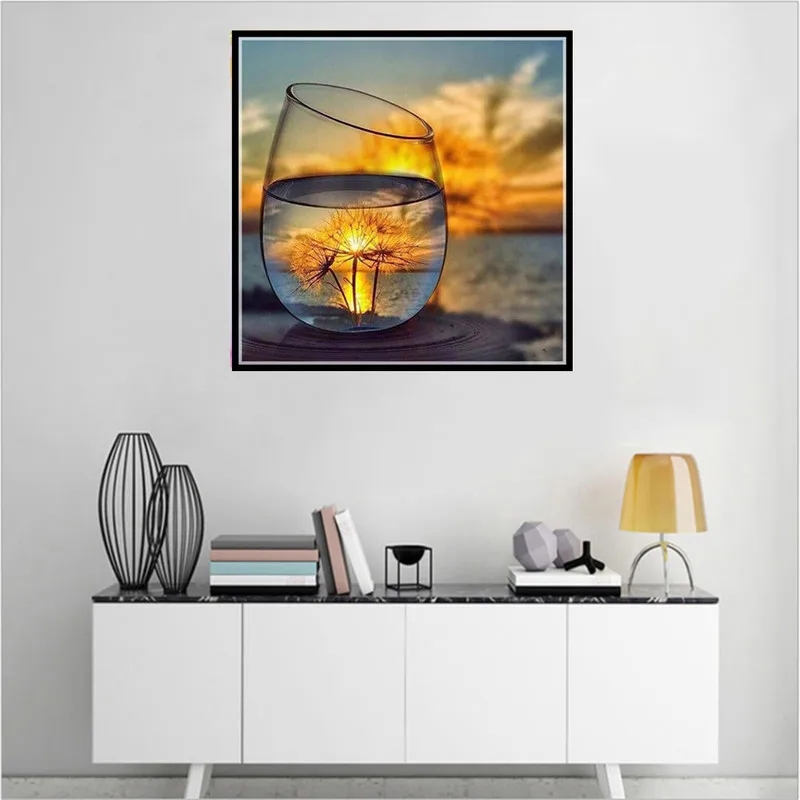 5D DIY алмазная живопись Стекло чашки море солнечный свет желтый Алмазная вышивка