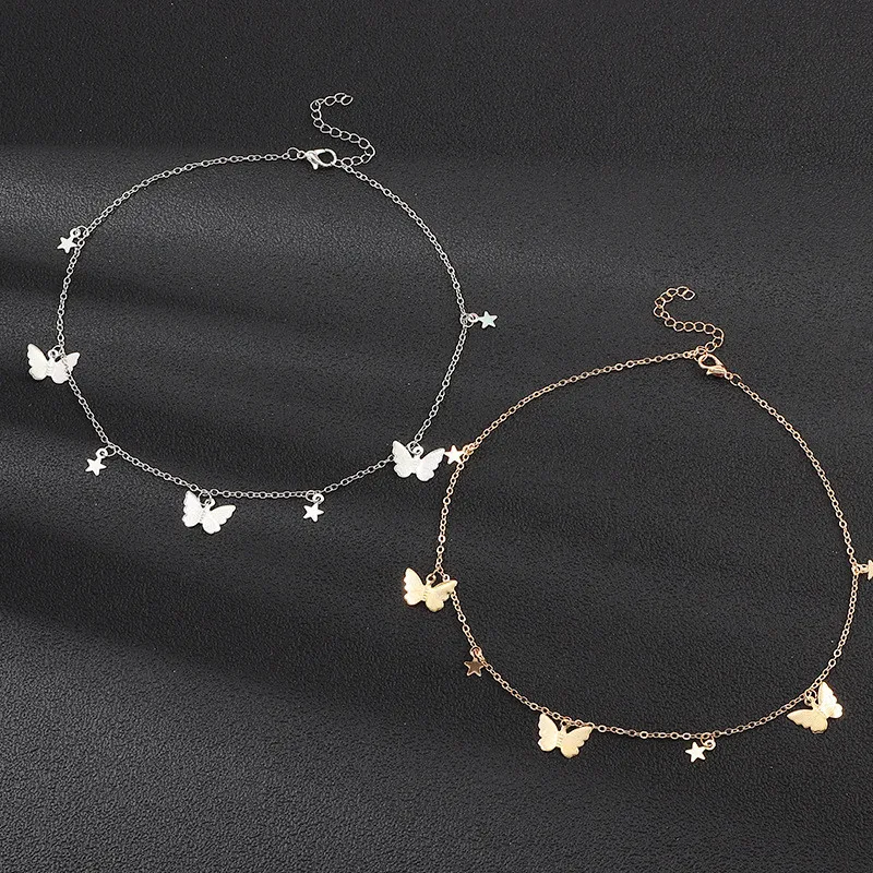 Женский чокер с бабочкой и звездами милое ожерелье под воротник золотой цепочкой