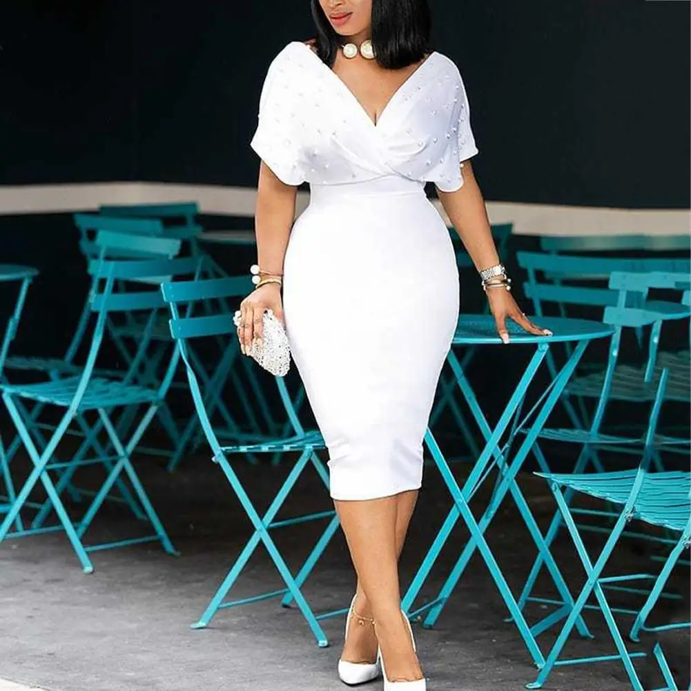 

Summer Dress Sexy V Neck Tunic High Waist Beading Short Sleeve Ladies Red White Bodycon Plus Size Party Club Midi Dress