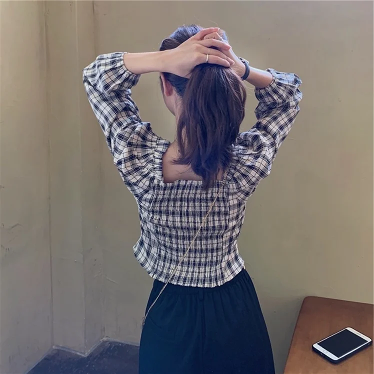 

Large Size Women's French Style Vintage Court Style Plaid Shirt Women's Spring Short Slim Fit Square Collar Fat Girl Long Sleeve