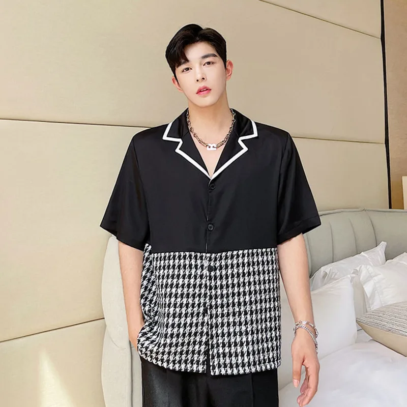 

IEFB 2021 Summer Ins Korean Trend Contrast Colo Lattice Patchwork Short Sleeve Shirt For Men Oversize Noched Collar Casual Tops