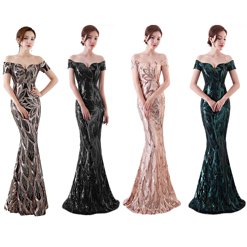 Туфли украшенные пайетками с открытыми плечами длинное вечернее вечерние