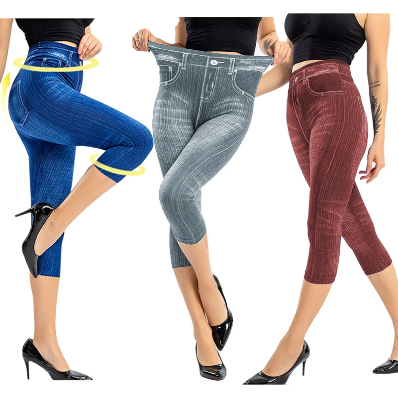 

3/4 Faux Jeans Leggings Women High Waist Elastic Slim Leggings Fashion Casual Pants Jeggings Autumn Female Solid Soft Leggings