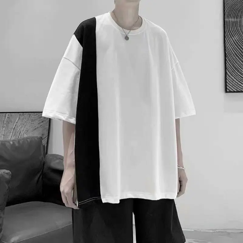 

oversized t-shirt men summer Harajuku style stitching short-sleeved T-shirts O-Neck Korean casual fashion student handsome top