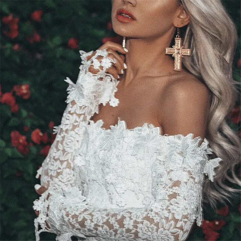 

New 2021 Women Lace Patchwork Elegant Dress White Slim Long Sleeve Off Shoulder Cocktail Party Club Bodycon Mini Pencil Dresses