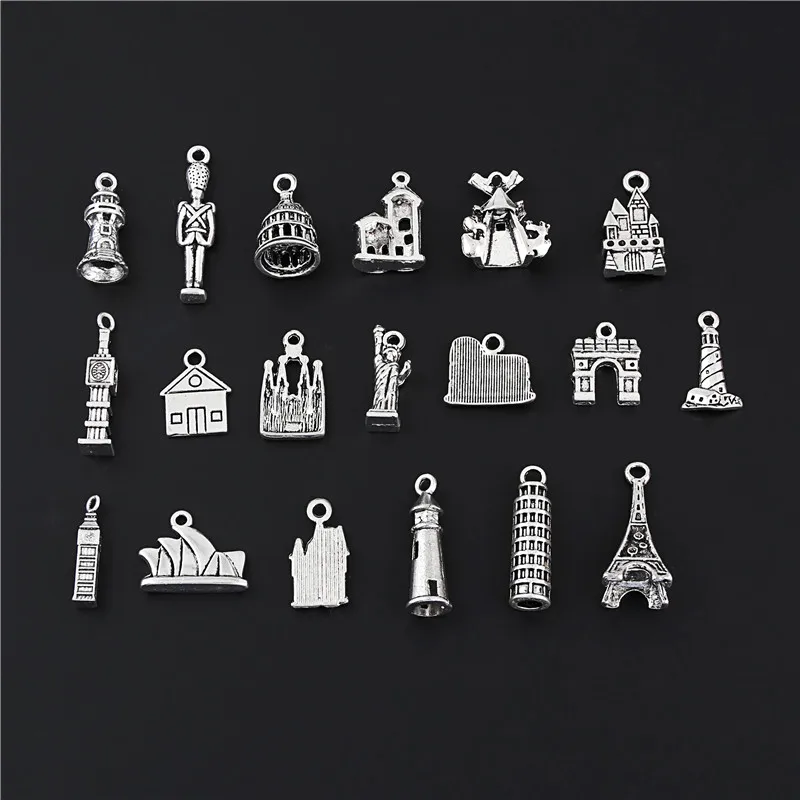 

19pcs Mix Silver Color Alloy Soldier Castle 3D Mini Tower Charms Building Pendant Jewelry Findings Fit Accessories M78