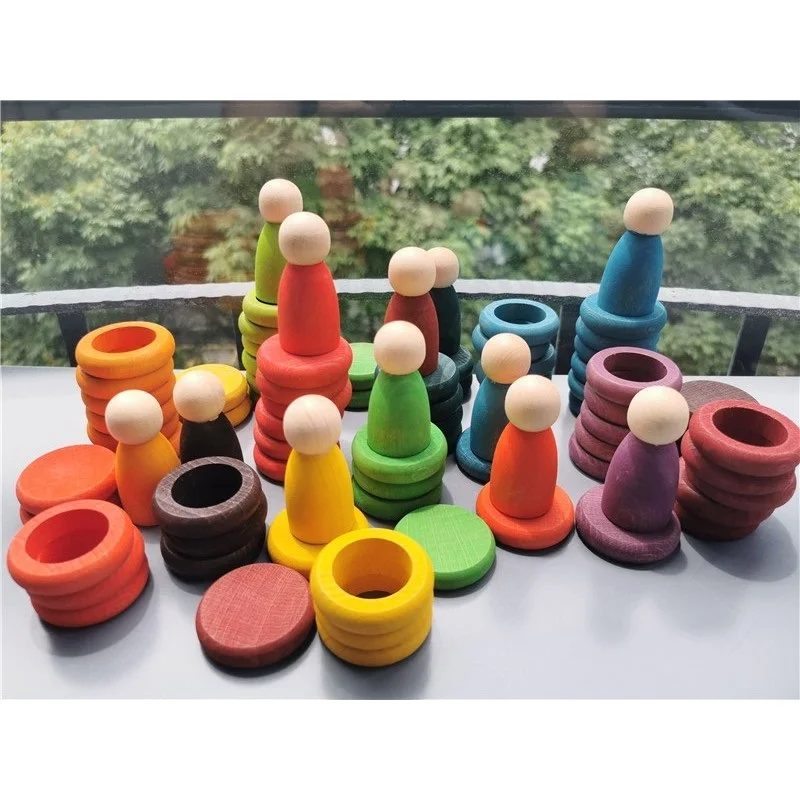 12 colors kids wooden toys beech rainbow coins and rings stackable blocks nature loose parts creative toy free global shipping
